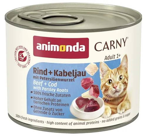 Carny® Adult Rind + Kabeljau mit Petersilienwurzeln, 200 g (6er Pack) - Leckeres Katzenfutter mit frischem Rind und Kabeljau, ohne künstliche Zusätze. Ideal für ausgewachsene Katzen von 1-6 Jahren, bietet es eine ausgewogene Ernährung mit hochwertigen Zutaten.