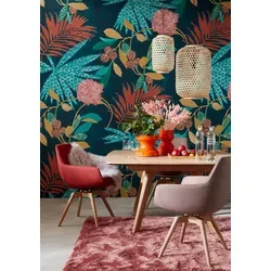 Marburg Vliestapete Exotic - Moderne florale Tapete für Wohnzimmer, Schlafzimmer und Küche - Fototapete in blau/grün, dimensionsstabil und leicht zu verarbeiten; ideal für Nassbereiche, rückstandslos entfernbar.