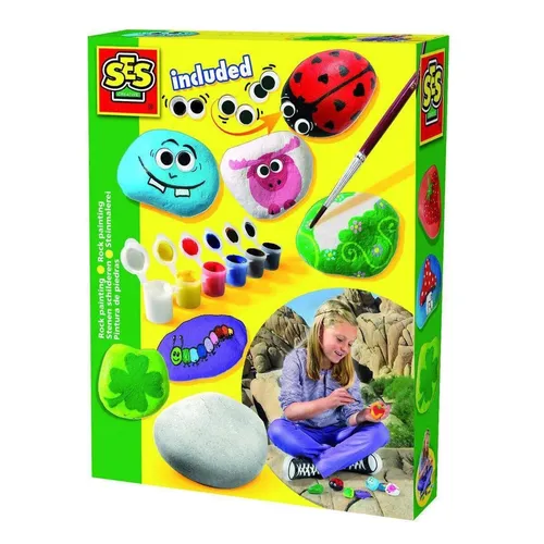 SES Creative 14818 Steine Bemalen Set - Kreatives Malset für Kinder ab 5 Jahren, inklusive Farben und Pinsel für unendlichen Malspaß