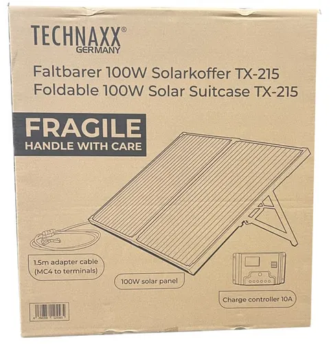 Technaxx TX-215 Faltbares Solarmodul 100 W Solorkoffer - Stromaggregate, flexibles und tragbares Solarmodul mit 100 W Leistung – ideal für Camping und Outdoor-Aktivitäten.
