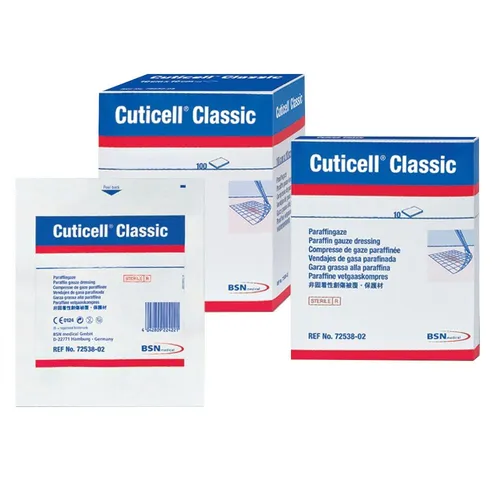 Cuticell Classic Wundgaze 5 x 5 cm (5 Stk.) - Wundversorgung mit Cuticell Classic, sterile Salbenkompresse, latexfrei und schmerzarmer Verbandwechsel für exsudierende Wunden.