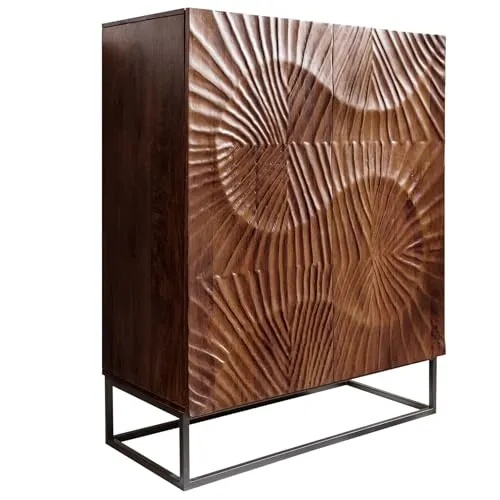 Riess Ambiente Massives Highboard Scorpion - 120cm - Dunkelbraun Akazie - Wohnzimmerschränke mit handgefertigten 3D-Schnitzereien und sechs großen Fächern für optimalen Stauraum – ein echter Blickfang für dein Zuhause!