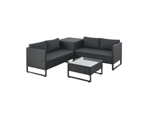 Juskys Polyrattan Lounge Santorini - Modulare Gartenmöbel für 4 Personen - Gartenmöbel in Schwarz mit Beistelltisch & Auflagenbox, modernes Design und wetterfestes Material für stilvolle Entspannung im Freien.