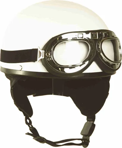 Mil-Tec Retro Helm Halbschale mit Brille, Weiß - Kopfschutz für Erwachsene, aus robustem ABS Kunststoff mit komfortablem Baumwoll-Innenfutter für besten Tragekomfort und Schweißabsorption.