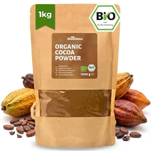 RheinNatur Bio Kakaopulver 1 kg - 100% reiner Kakao in Bio-Qualität, ungesüßt & ohne Zusatzstoffe - Ideal zum Backen, für heiße Schokolade & Smoothies - 1000 g Beutel