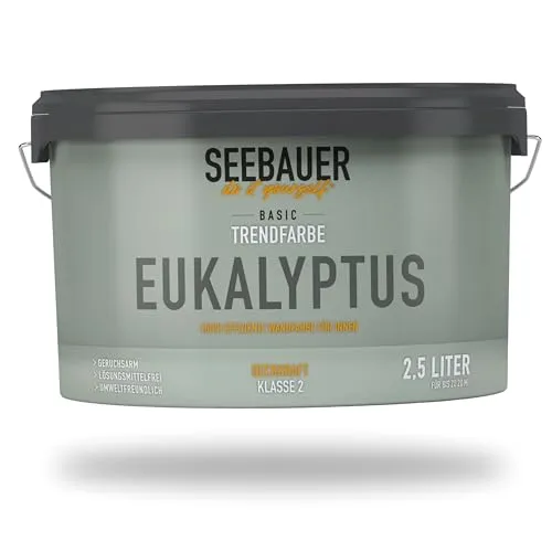 SEEBAUER diy Trendfarbe Hellgrün 2,5L (No. T10 Eukalyptus) für den Innenbereich - Edelmatte Wandfarbe Grün - Hochdeckende Innenfarbe in Profi-Qualität