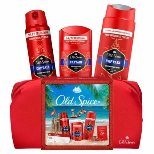 Old Spice Geschenkset Kulturtasche Captain - SEIFE & DESINFEKTIONSMITTEL – Erlebe 24/7 Frische mit Deostick, Deospray und Duschgel in einer praktischen Reisetasche, perfekt für den Reiseliebhaber.