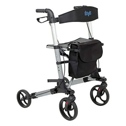 Days Deluxe Lightweight Folding Four Wheel Rollator, Rollator, Easy Storage and Travel, Carry Bag, Mobility Aids, Adjustable Seat Height 610mm / 24"