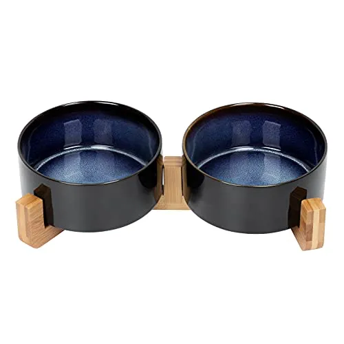 SPUNKYJUNKY Neue Hundenapf Keramik Grosse Hunde Katzennapf Futternapf Erhöht mit Bambus Ständer Fressnapf für Hunde und Katzen,Hundenapf Hoch Set 850ML
