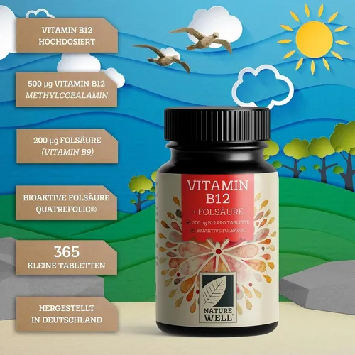 Vitamin B12 500µg + Folsäure 200µg 365 Tabletten, Vegan, Methylcobalamin