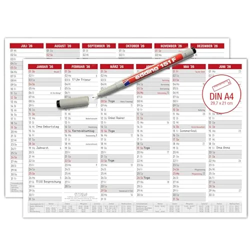 TOBJA abwischbarer Wandkalender 2026 A4 - "Rot" Jahresplaner 2026 abwischbar, inkl. Stift. Tafelkalender 2026, Robuster Kalender A4