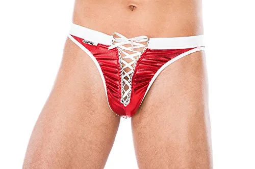 ,Andalea Herren Wetlook Christmas Weihnachts String in rot weiß mit Schnürung Männer X-Mas Slip elastisch Größe: S/M