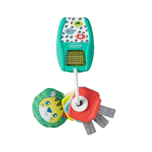 Infantino Music & Lights Key Ring - 4 Easy Press Buttons, Real Car Sounds, Crinkle Character & Rattling Keys, Ages 3 Months +