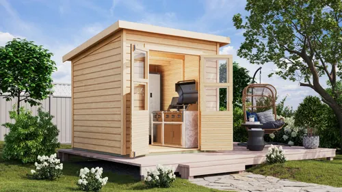 Gartenhaus Karibu Merseburg 4 – 240 x 236 cm - Gartenhaus mit Pultdach aus hochwertigem Holz, ideal für die Aufbewahrung von Gartengeräten und als gemütlicher Rückzugsort im Garten.