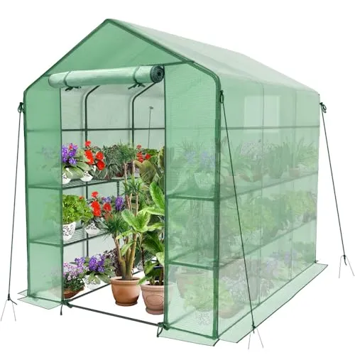 VOUNOT® Gewächshaus Foliengewächshaus, begehbares Gartenhäuschen mit 12 Regalebenen, Tomatenhaus Tomatengewächshaus, Grün 143x215x195cm