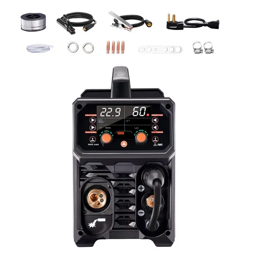 VEVOR 5-in-1 Schweißgerät MIG TIG 250A - Vielseitiges Schweißgerät für MIG, TIG und MMA, ideal für unterschiedliche Materialien. Mit 250A Leistung und 8,2KVA für präzises Schweißen.