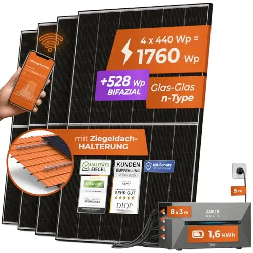 Solarway® All In One Balkonkraftwerk mit Speicher 1800W komplett Steckdose - 1,6 kWh Anker Solix 2 PRO Speicher - Solaranlage Komplettset - 440W Solarmodule & Anker Speicher & Zubehör