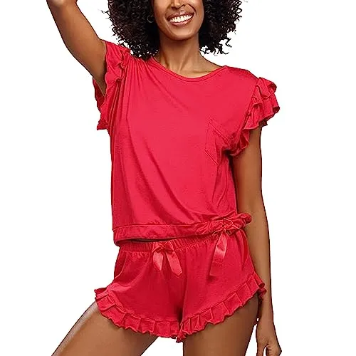 DKaren Damen Schlafanzug Set Lulu M - Zweiteiler Damen Pyjama - Loungewear mit Kurzen Ärmeln und Shorts - Nachtwäsche Damen mit Tasche und Rüschen - Pjama Set Kurz Rot