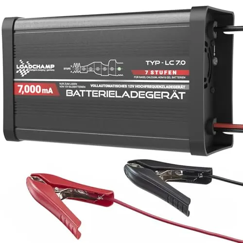 Loadchamp Automatik Batterie Akku Ladegerät 7A 12V - Akku-Ladegerät mit 7A für 12V Batterien, vollautomatische Ladespannungsanpassung schützt vor Überladung und ermöglicht eine langfristige Verbindung.