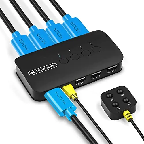 KVM Switch HDMI 4 Port - DGODRT 4 in 1 Umschalter - Erleben Sie müheloses Umschalten zwischen 4 PCs über einen Monitor und 3 USB-Geräte. Ultra HD 4K@30Hz für brillante Bildqualität. Ideal für Büro und Heimkino, einfach Plug and Play ohne Treiber.