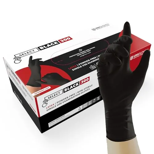 UNIGLOVES SELECT® BLACK 300 Latexhandschuhe | Puderfrei & lebensmittelecht | 100 Stück | Einmalhandschuhe S - Robuste und griffige Einweghandschuhe für vielseitige Anwendungen in Gastronomie und Tattoo-Studio. Der Rollrand sorgt für optimalen Sitz und Komfort, ideal für präzise Handhabung.
