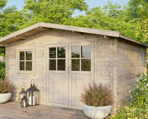 Gartenhaus Gerätehaus Holzhaus Blockhaus Schuppen 4x3m - Gerätehäuser aus 28 mm Nordischer Fichte, robust und sicher mit Echtglas und Zylinderschloss, ideal für die einfache Lagerung von Gartenutensilien.
