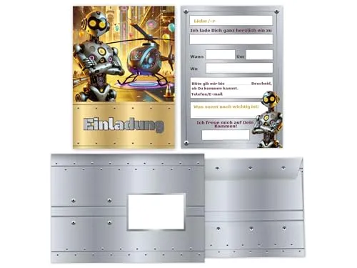Limonia 12 Einladungskarten mit Umschläge zum Kindergeburtstag - Geburtstagseinladung Einladung zum Geburtstag Kinderparty für Jungs Kinder Science High-Tech Helikopter Roboter