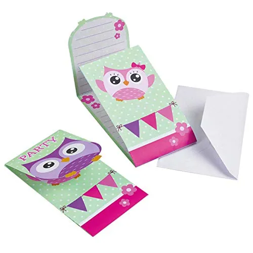 Amscan 998351 - Einladungskarten Eule, 8 Stück, Größe 8,1 x 14,2 cm, Karten und weiße Umschläge, mehrfarbig, Happy Owl, Party, Geburtstag, Kindergeburtstag, Kinderparty, Mottoparty, Einladung