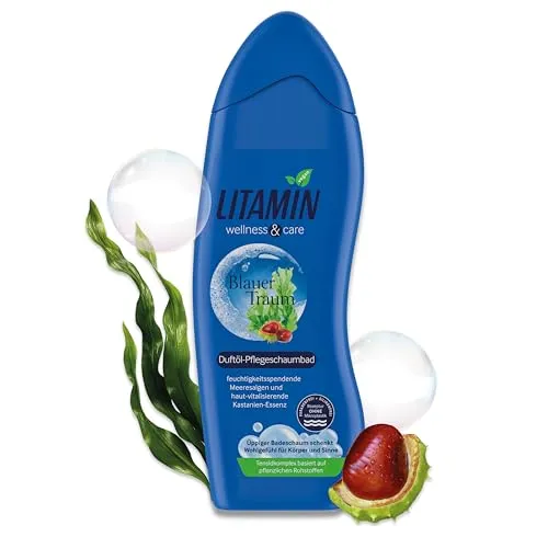 Litamin Schaumbad Blauer Traum 750ml – Entspannender Badeschaum mit Meeresalgen - Schaumbad für entspannende Wellness-Momente, angereichert mit Meeresalgen und Kastanien-Essenz für feuchtigkeitsspendende Pflege und langanhaltenden Schaumgenuss.