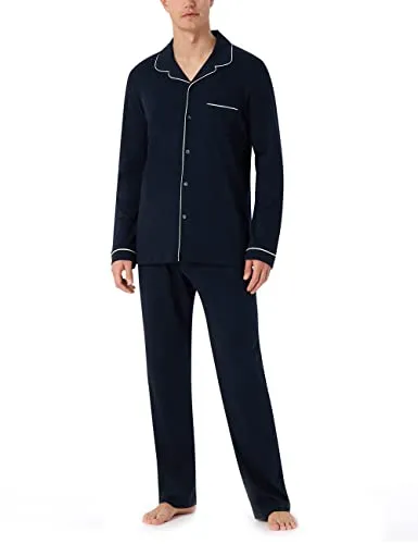 Schiesser Herren Schlafanzug Lang - Fein Interlock Pyjamaset, Dunkelblau - Schlafanzüge für Herren in hochwertiger Feininterlock-Qualität mit klassischem Kragen und Knopfleiste für optimalen Tragekomfort.