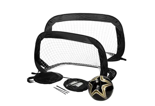 elasto Spielball 3er Set Fußball Größe 5 mit 32 Paneelen PVC inkl. 2in1 PopUp Tor - Hochwertiger Fußball in Schwarz/Gold, ideal für alle Altersgruppen. Strapazierfähiges PVC und präzise Kontrolle dank 32 Paneelen sorgen für Spaß und Langlebigkeit bei jedem Spiel.