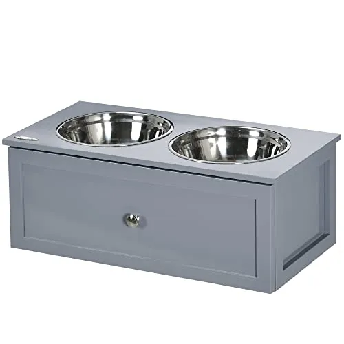 PawHut Futternapf Hunde Fressnapf mit Stauraum - Praktischer Fressnapf für Hunde mit 2 Näpfen und Stauraum, aus robustem Edelstahl und MDF, ideal für eine ordentliche Fütterung.