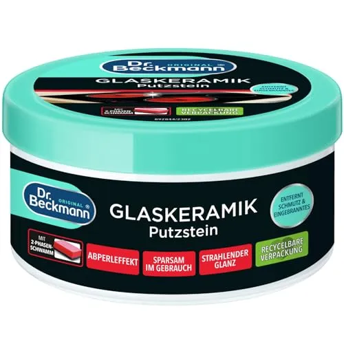 Dr.Beckmann Glaskeramikreiniger 2911 - Glaskeramik-Putzstein für Kochfelder - Glaskeramikreiniger mit kraftvoller Formel, entfernt hartnäckige Verschmutzungen materialschonend und sorgt für seidigen Glanz. Inklusive Reinigungsschwamm und frei von Mikroplastik.
