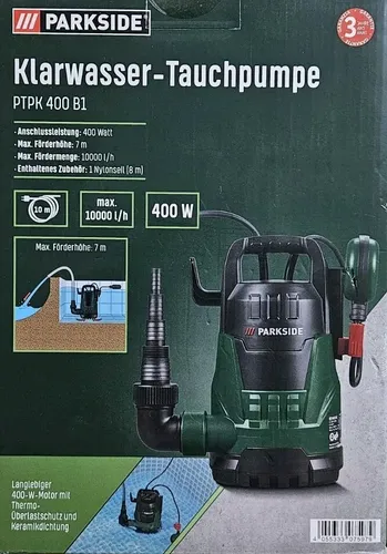 Parkside Klarwasser Tauchpumpe PTPK 400 - Leistungsstarke Gartenpumpe - Wasserpumpen, ideal für Gartenbewässerung mit einer Förderhöhe von bis zu 7m und einer Leistung von 10.000 l/h.