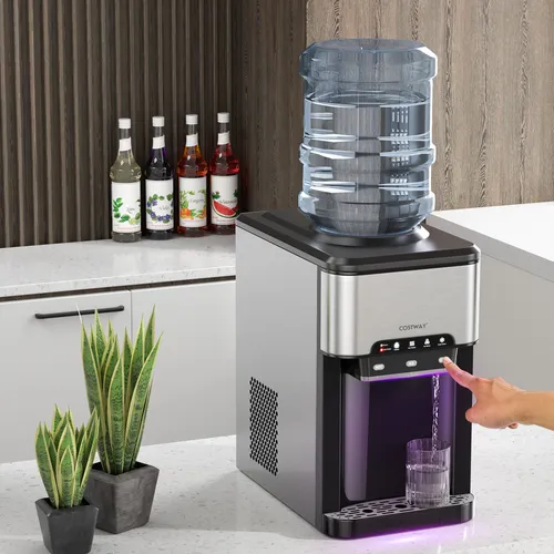 COSTWAY Eiswürfelmaschine 3-in-1-Wasserspender - Eiswürfelmaschine und Wasserspender in einem, ideal für Zuhause oder Partys. Mit 12 mittelgroßen Eiswürfeln pro Zyklus und 19 kg Eis pro Tag. Geringes Betriebsgeräusch und praktische Kindersicherung.