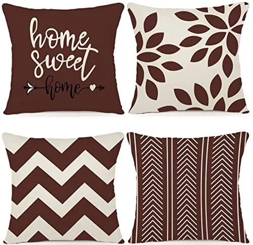 ZWJD Kissenbezug 40x40 4er Set Dekokissen Kissenbezüge Dekoration Outdoor Kissenbezüge Leinen Dekokissen für Schlafzimmer, Sofa, Stuhl, Bett, Garten (40 x 40 cm,Kaffee)