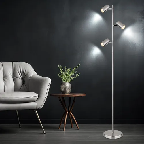 Moderne Stehlampe mit 3 schwenkbaren Leuchten - Stehleuchte aus silbernem Metall, 154 cm hoch, mit beweglichen GU10-Fassungen für individuelle Lichtgestaltung und integriertem Fußschalter. Ideal für Wohnzimmer.
