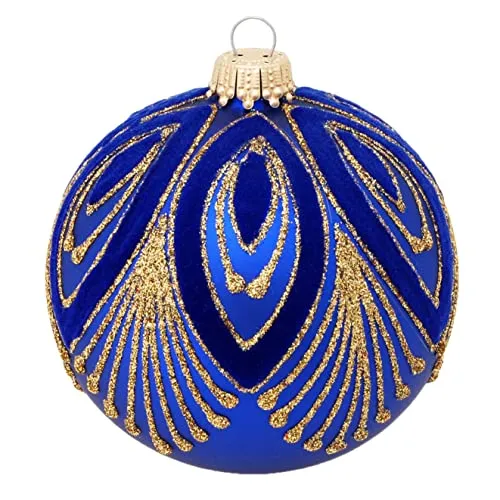 Krebs Glas Lauscha - Weihnachtsdekoration/Christbaumschmuck aus Glas - Weihnachtskugeln - Motiv: Dunkelblau-matt mit Pfauendekor - Größe: 6 mal 8cm