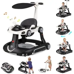 COSTWAY 7-in-1 Lauflernhilfe mit Verdeck und Spielboard für Babys - Vielseitiger Baby Walker für Kinder von 6 bis 18 Monaten. Wandelt sich in einen Wagen, Schaukelpferd oder Hochstuhl und bietet interaktive Unterhaltung mit Musik und Licht. Sicher und einfach zu reinigen.