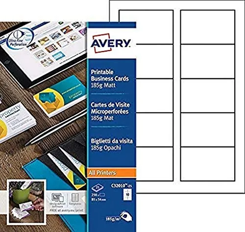 AVERY - Packung mit 250 bedruckbaren Visitenkarten, matt weiß, 185 g/m², ideal für Tintenstrahldruck und professionelles Networking