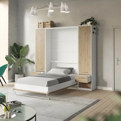 Wohnwand Set Schrankbett 140x200 Vertikal – Modernes Design in Weiß/Wildeiche - TV-Möbel & Schrankwände – Schrankbett mit 4 Schubladen für optimalen Stauraum, ideal für platzsparende Schlafzimmerlösungen.