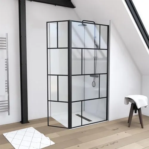 Walk In mit Klapptür Aurlane 90 + 40 x 195 cm - Duschabtrennung mit stilvollem Glasdekor, bietet modernen Industrie-Look und platzsparende Funktionalität.
