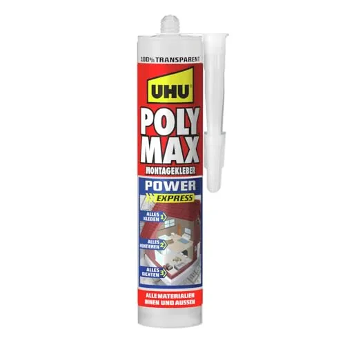 UHU Montagekleber POLY MAX POWER 300g - Schnellhaftend und flexibel - Transparenter Baukleber für alle Materialien, ideal für Innen- und Außenanwendungen. Wasserfest, temperaturbeständig und sofort einsatzbereit. Perfekt für handwerkliche Projekte!