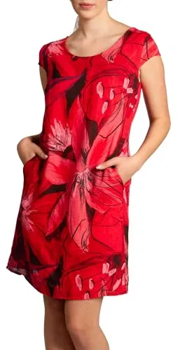 Sommerkleid SKL035 - Elegantes knielanges Damen Leinenkleid mit Blüten Print - Kleider, aus 100% Leinen, ideal für warme Tage, pflegeleicht bei Maschinenwäsche 30°C, in frischem Rot.