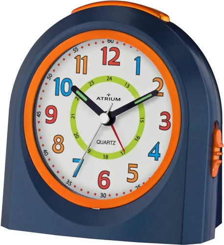 Atrium Kinder Wecker Analog Quarz ohne Ticken - Stylischer Kinderwecker in Dunkelblau-Orange, mit Snooze-Funktion und leuchtenden Zeigern für ungestörten Schlaf – ideal als Geschenk für kleine Träumer.