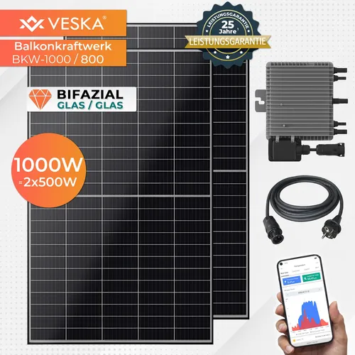 Balkonkraftwerk 1000/800W Bifazial Photovoltaik Solaranlage - Wochenprospekt KW23 2025 - Samstag, steckerfertige Mini-PV Anlage mit Bifazialen Glas/Glas Paneelen für einfache Installation an Balkon oder Dach.