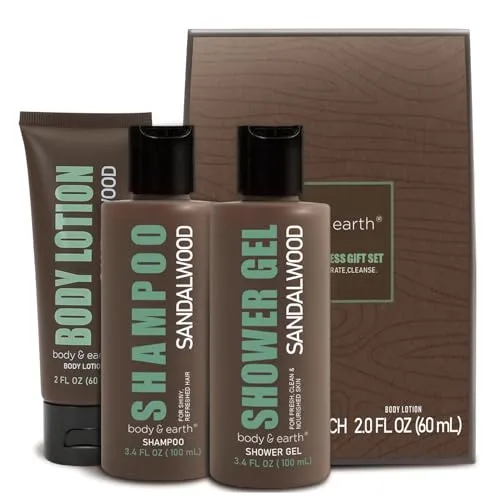 BODY & EARTH Duschgel Männer 3-teiliges Set, Männer Geschenkset mit Sandelholz Duft, Herren Reiseset mit Duschgel, Körperlotion, Shampoo, Geburtstagsgeschenk, Vatertagsgeschenk