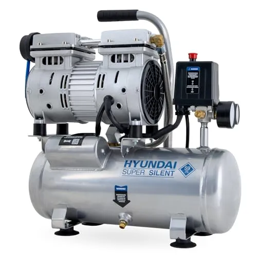 HYUNDAI Silent Kompressor SAC55751 - Leiser 6L Luftkompressor - Kompressoren für leise Anwendungen: Der HYUNDAI SAC55751 bietet 93 L/Min Ansaugleistung bei nur 59dB, ideal für Haus und Werkstatt. Ölfrei und wartungsarm für umweltfreundlichen Einsatz.