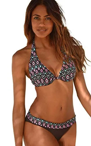 Bademode Kangaroos Damen Bügel Bikini mit Umschlagbund Hose (Black Print, 38B)