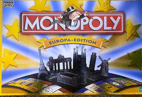 Monopoly Europa Edition - Brettspiel mit den Hauptstädten der EU, ideal für 2 bis 8 Spieler. Erlebe eine aufregende Reise durch Euro-Land mit einzigartigen Zinn-Spielfiguren!